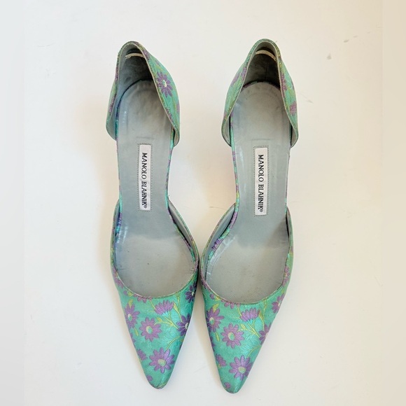 Manolo Blahnik Vintage Aqua Blue Lavender Floral Brocade D’orsay Pumps EU 39.5 - Picture 2 of 7